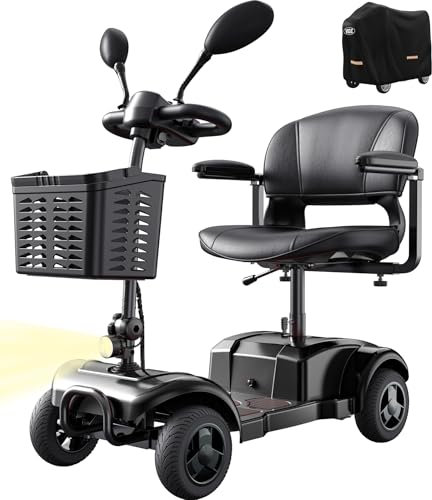 VOCIC D42 Scooter elettrico per disabili pieghevole 135KG,20KM Mobilità scooter adulti stabil con sella,Per tutti i terreni con telone e cestino,3S Piegatura rapida,5 anni supporto(Nero)