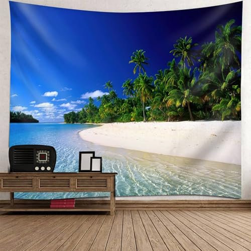 Mesnt Wandteppich Strand Palmen, 150x150cm Meer Strand Palme natürliche Landschaft Tapisserie Wandbehang Wanddekoration für Schlafzimmer Wohnzimmer | Blau Grün Beige