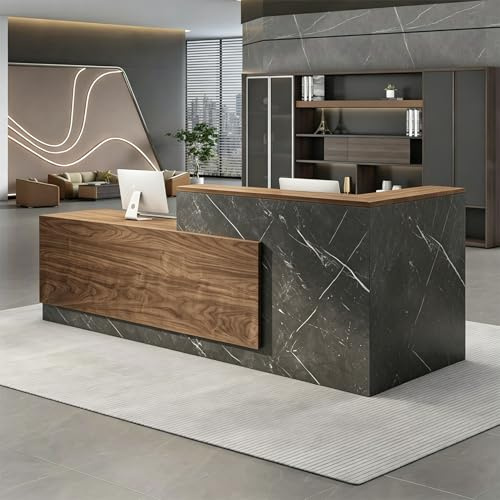 UKETO 180CM Moderne Empfangstheke aus Holz - L-Form Empfangstresen für Büros multifunktionaler Empfangstisch mit großzügigem Stauraum Geeignet für Büros Rezeptionen Hotels (Links hoch-C)