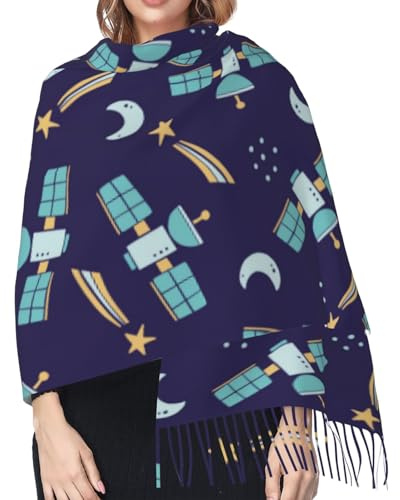 Hceaatb Damen-Schal, Cartoon-Satelliten-Mond-Mode, Winter, warmer Schal, Kaschmirschal, Fransenschal, Schwarz , Einheitsgröße