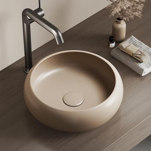 EMKE Lavabo, Lavabo Redondo de Cerámica, 36 x 36 x 12 cm, Instalación sobre Encimera,Beige Mate, Ideal para Baños y Aseos de Invitados