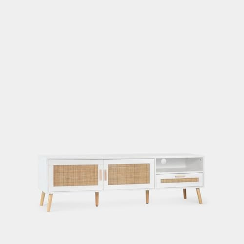 KLAST Meuble TV Tahiti 160 Cm en Bois Blanc et Rotin Naturel avec 2 Portes, Un Tiroir et Une Étager pour Le Rangement dans Le Salon et la Salle à Manger