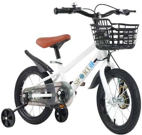 HUOLE Kinderfahrrad, 40,6 cm (16 Zoll), für Kinder ab 5 bis 8 Jahren, höhenverstellbar, mit Stützrädern und Korb, Kinderfahrrad für Jungen und Mädchen, 16 Zoll – Weiß