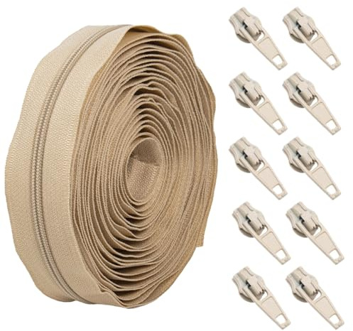 Chaîne de fermeture éclair continue de 5 m Beige Coussins de rembourrage Fermetures éclair numéro 3 et 10 curseurs pour couture