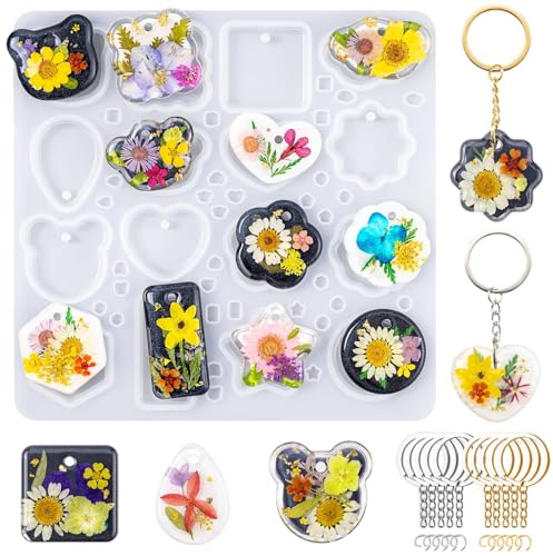 Kit de 16 Cavité en Silicone pour Résine Époxy - Moules pour Bijoux, Pendentifs, Porte-Clés, Formes Géométriques et Étoiles Parfait pour , Des créations manuelles idéales pour les débutants en DIY