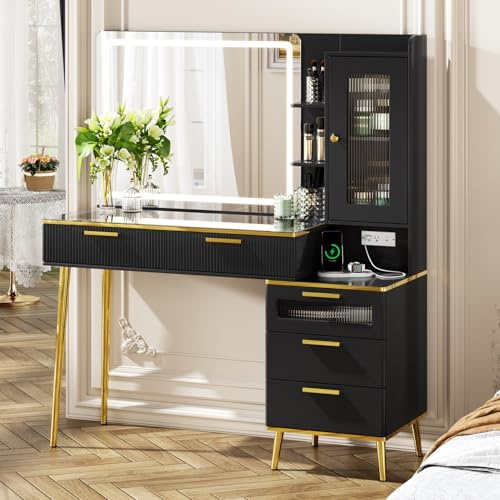 Chrangmay Modern Vanity Desk with 31.5 Mirror and Lights,Makeup Vanity Table with 8 Drawers,Makeup Desk with Power Outlet,Nightstand,Dressing Table for Bedroom,Women and Girls,Black