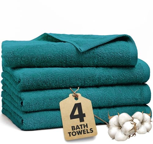 Novo Home Bath Towels Set of 4 – 550 GSM 100% Cotton Teal Extra Large Towels for Bathroom, Spa Use (70x140 cm) – Super Soft and Quick Dry Large Bath Sheets for Adults