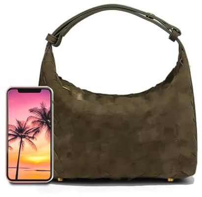 Luxuriöse Wildleder-Hobo-Tasche für Damen, gewebtes Leder, Schultertaschen mit Tragegriff oben, Olivgrün, Small