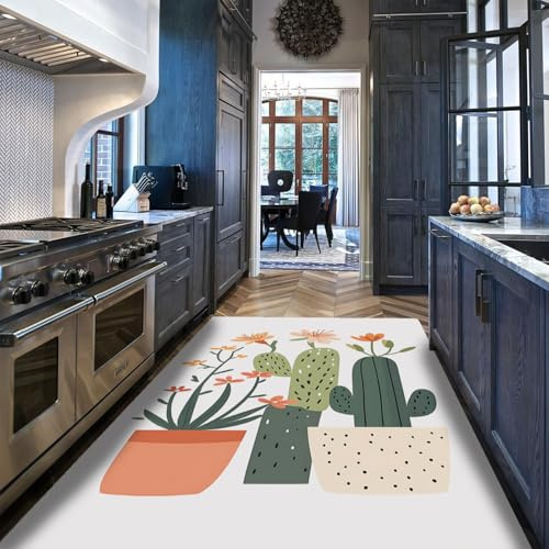 UERWOWELL Illustration Style Area Rug Colorful Cactus Pot Flowers & Plants Pattern Non Slip Thin Carpets for Nursery Room Reading Corner 120x240cm