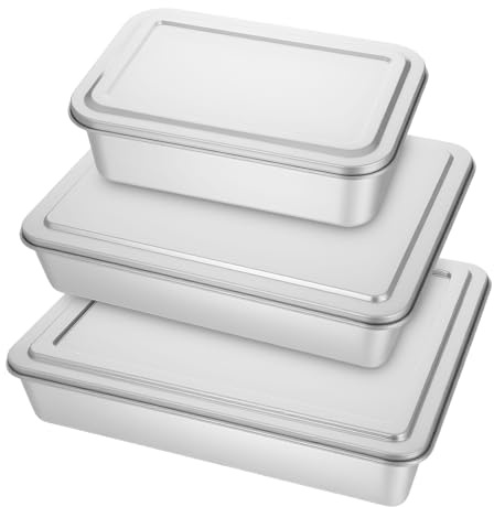 XLIUAX 3 Set Stainless Steel Cake Pan with Lid, 13/11/9 Inch Rectangle Cake Pans Sets with Covers Baking Bakeware for Bread Fish Meat Vegetables, Non-Stick, Mirror Finish, Dishwasher Safe