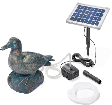 Esotec Solar Wasserspeier Komplettset, Ente Samuel, Gartenteich Wasserspiel, Vogeltränke, Vogelbad, Gartenbrunnen mit Solarpumpe, H=28cm 101682