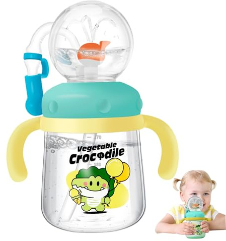 SMELEYOU Vaso de la fuente de ballenas con doble manija linda botella de agua de ballenas de dibujos animados con tapa y paja tazas portátiles para beber para el hogar la escuela o los viajes