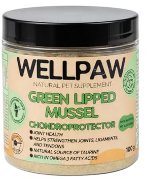 WELLPAW Chondroprotecteur naturel pour chiens – Extrait de moule vert 100 g – MSM – Supplément articulaire avec oméga 3, GAG et glucosamine – Santé des hanches, ligaments et cartilage
