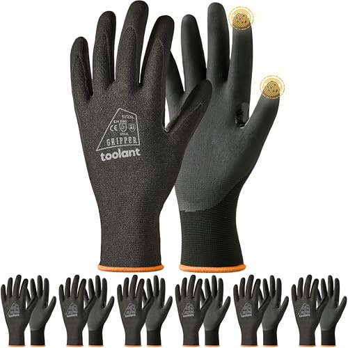 toolant 6 Pairs Work Gloves MicroFoam Nitrile Coated, 15 Gauge Breathable Nylon with Grip in Wet & Oily Condition,Touchscreen,Certified Working Gloves Bulk for Gardening,Warehouse,Automotive,Black,XXL