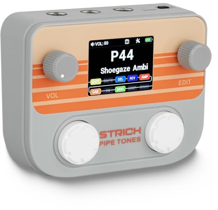 STRICH Pipe Tones Pocket Multi Effects Pedal for Guitar & Bass, 125 Effects, 10 Modules, 40s Looper, 100 Drum Rhythms, USB Audio Interface, 20 IR/NAM Slots, Rechargeable Guitar Pedal, Gray