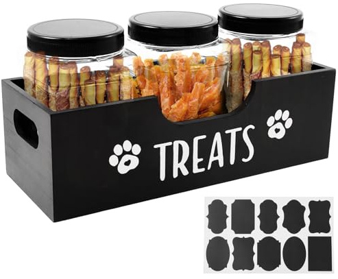 Dog Treat Container Wood Airtight Pet Food Organizer With 3 Plastic Jars And Lid For Home Kitchen Living Room Countertop Multifunctional Storage For Dog Treats And Food Decorative And Easy To Use