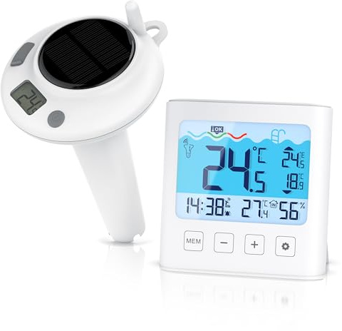CSL – Solar Poolthermometer Funk mit Display – Temperaturanzeige – Luftfeuchtigkeit – Innen- & Außentemperatur - Pool Schwimmbecken Schwimmbad Whirlpool - Pool Thermometer