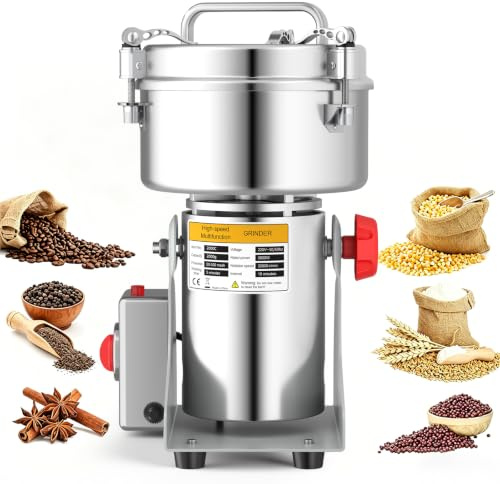 Getreidemühle Elektrisch 2000g mit Timer, Überhitzungsschutz, Schwenktyp | 3600W, Edelstahl 430, leistungsstarker Motor, für Trockene Körner, Gewürze, Weizen, Kaffee, Mais, Pfeffer