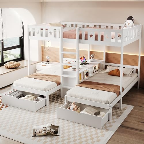 Cama alta con escalera, espacio de almacenamiento y dos cajones, barandilla de seguridad con diseño de estrella y luna, cama superior de 140 x 200 cm, cama inferior de 90 x 200 cm, marco de cama de