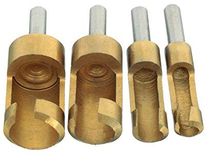 4-teiliges Korkbohrer-Set, 9,6 mm, 12 mm, 18 mm, 20 mm, Schaftdurchmesser 6,35 mm (1/4 Zoll), Titanschaft, Holz-Lochbohrer, Zapfenschneider, praktisches Holzbearbeitungshilfsmittel