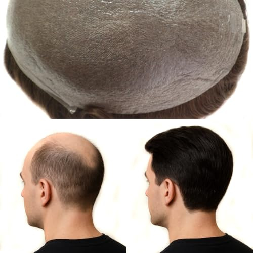 Hairnotion Toupet Herren 1# Maenner Haarteil Toupet Super dünne Haut Schwarz 6 Echthaar Perücke für Männer 8x10 Herren Toupet Echthaar