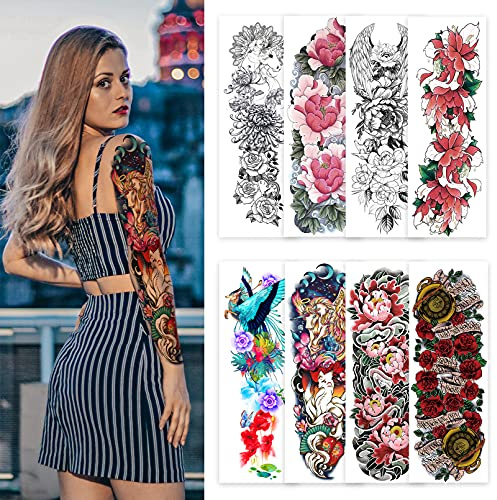 Aresvns Temporary Tattoo Flowers for Women,8 Sheets Tempoary Sleeve Tattoo,Waterproof and Long-Lasting Body Art Realistic Fake Tattoos Transfers Stickers