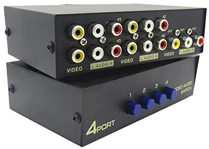 Bolwins E32CS 4-port AV-omkopplare – RCA-omkopplare för 3 RCA AV-ljud/video, 4-i-1-out komposit video L/R ljudsplitter adapter för DVD, STB och spelkonsoler