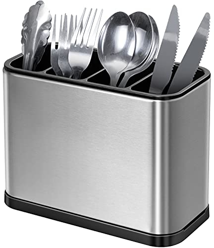 Oriware organizzatore di posate e utensili a 4 scompartimenti con raccogligoccie per piano da cucina in acciaio inossidable antiruggine e antigraffi - 7.1 x 3.39 x 5.1 pollici