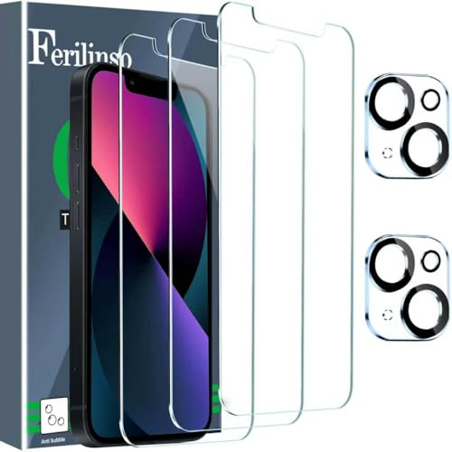 Ferilinso Entworfen für iPhone 13 Mini Härte Folie, 3 Stück HD Klar Schutzfolie mit 2 Stück Kamera Härte Folie, Hülle Freundlich, Kameraschutz, Displayschutzfolie, 5.4 Zoll 5G, 9H Härte
