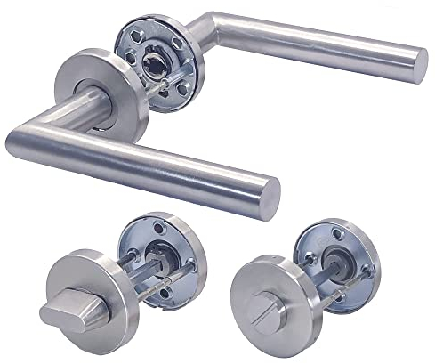 Generic APECS Türdrückergarnitur Zimmertüren INOX Türgriff für Haustür und Innentüren Türbeschlag Rundrosettenbeschlag Edelstahl matt Drückergarnitur WC PZ BB Modell H-0204 Silber