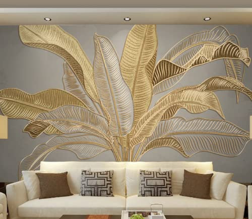 ManFototapete Papier Peint Intissé Feuille De Bananier Golden Line Moderne Décoration Murale Poster Tableaux Muraux Tapisserie Photo Trompe L'Oeil Salon Chambre Art Mural 350(W) X256(H) Cm
