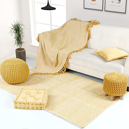 About Home HERRINGBONE Design Cotton Area Rug 4'x6' (120x180 cm) (MUSTARD) – EXTRA LARGE Rug Indoor Rug for Living Room, Bedroom - Machine Washable Hand Woven 100% Cotton Floor Carpet