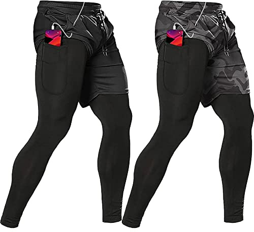 OEBLD Herren 2-in-1 Sport-Laufhose, schnelltrocknend, Fitnessstudio, Workout-Shorts für Herren, Kompressionshose mit Taschen, Schwarz+Camouflage Grau, X-Groß