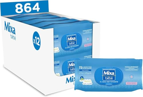 Mixa Bébé Toallitas de agua limpiadora – Piel delicada para bebés – Tolerancia óptima – Hipoalergénicas – Toallitas Compostables – Fibras de origen vegetal – Lote de 12 x 72, 864 toallitas