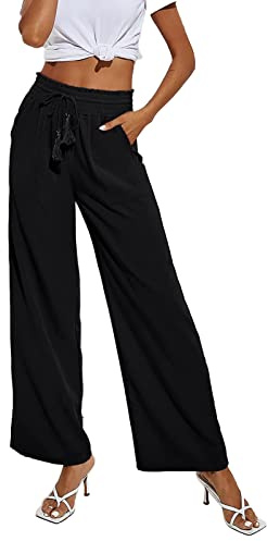 GOTOTOP Culotte Taille Haute pour Femme Taille élastique Pantalon évasé Plissé Léger à Jambe Large avec Poche à Cordon(m-Le Noir)