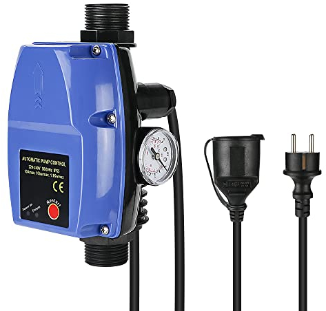 Pumpensteuerung Druckschalter mit Manometer & Kabel, Elektronischer Druckwächter max 10 bar, Durchflusswächter für Hauswasserwerk, Kreiselpumpe, Tauchpumpe, Tiefbrunnenpumpe und Gartenpumpe