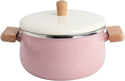 YQBUER Wok Emaille Milchtopf Doppelohrtopf Holzgriff Emailletopf Kleiner Suppentopf Nudeltopf Induktionsherd Universalpfanne (Color : Pink)