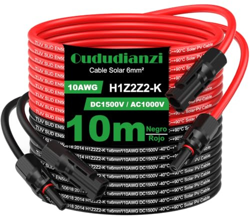 Oududianzi Cable Solaire 6mm2 10m, Rallonge Cable Panneau Solaire 1/2/3/5/8/10/15/20/30m, Étanche IP68 Câble Photovoltaïque avec Connecteurs Mâles et Femelles pour Panneaux Solaires (6mm² 10m)
