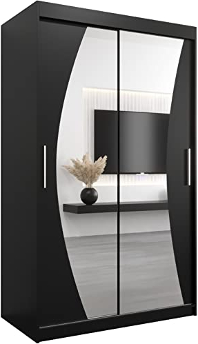 MEBLE KRYSPOL Wave 120 Schlafzimmerschrank mit Zwei Schiebetüren, Spiegel, Kleiderstange und Regalen – 120x200x62cm - Mattschwarz