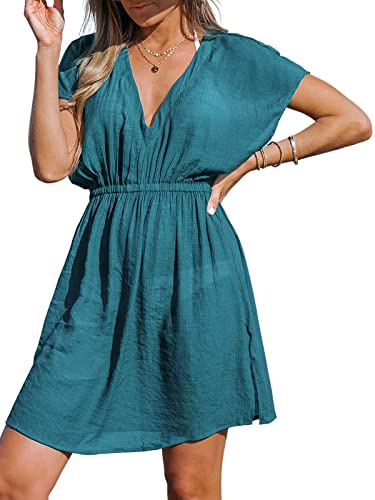 CUPSHE Vestido de playa para mujer, cubre bikini, con escote en V, mangas cortas, estampado de hojas, abertura lateral, mini vestido de playa de verano, turquesa, L