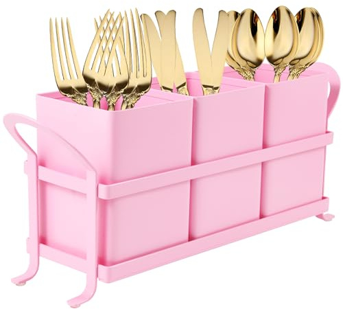 NelyBet Metal Silverware Caddy,3 Compartment Utensil Holder With Metal Rack,Utensil Caddy Flatware Cutlery Organizer for Countertop Party Picnic Camping Outdoor Pink