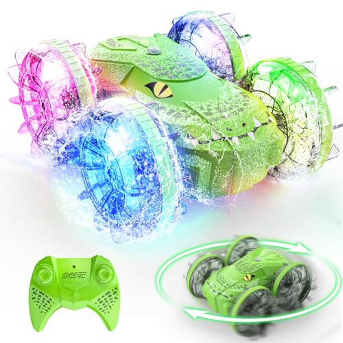 DEERC Amphibisches Ferngesteuertes Auto-Boot mit LED-Lichtern, 4WD Krokodil RC Stunt Car 40 Minuten, 2.4GHz All Terrain Wasser Land RC Auto Wasserdichtes Spielzeug für Kinder ab 6 Jahren