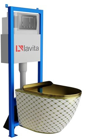 Lavita LAV 101 Vorwandelement für WC 40cm + Wand Hänge Tiefspül WC SOFI SLIM CHECKED GOLD Spülrandlos + Bedienplatte LAV 200.1.3 Satin | Komplettset | Unterputz Spülkasten | Toilette Komplett Sett