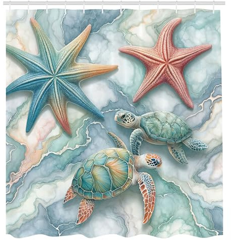 ABAKUHAUS Costiero Tenda da Doccia, Stelle marine e tartarughe marine, Tessuto Set di Decorazioni per il Bagno con Ganci, 175 x 200 cm, Corallo Mousse Di Mare Grigio-Blu