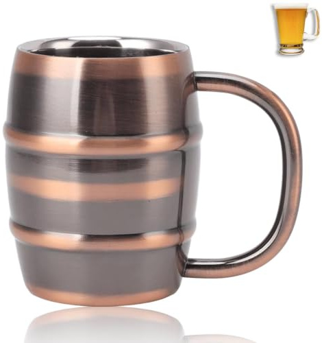 Beer Mug, Stainless Steel Coffee Mug Beer Stein Camping Mug Barrel Shape Beer Mug Double Wall Insulated Travel Mug with Handle for Home Bar(Bronze)