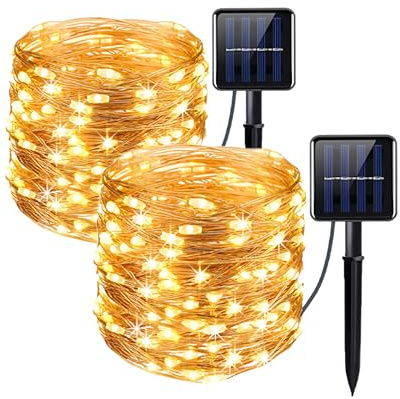 Clearhill 2er-Pack Solar-Lichterketten, Gesamt 40M/131.2FT Warmweiß 600 LED, Kupferdraht-Lichterketten mit 8 Modi, Wasserdichte Solar-Gartenbeleuchtung für Terrasse, Garten, Bäume, Weihnachten