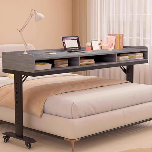 Höhenverstellbarer Betttisch mit Stauraum und Rollen, Massivholz und ökologische Tafel, Schreibtisch, dicker Metallrahmen, 125 kg Tragkraft, Stopper enthalten, Grau, 120 x 40 x 68 cm
