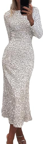 BIUBIULOVE Abito Lungo Aderente con Scollo Rotondo Scintillante da Donna, Abito con Paillettes A Maniche Lunghe per Donna, Abito Casual da Cocktail per Feste (S,Argento)