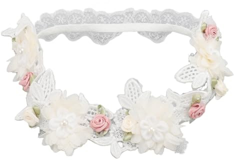 Baby Christening Headband White Flower Lace Elastic Hairband for Newborn Toddlers Pack of 2