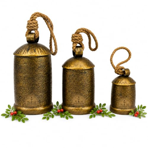 Set mit 3 rustikalen Kupfer-Glocken, handgefertigt, Metall, Harmonie, Weihnachten, hängende Kuhglocken, komplettes Set auf Juteseil (Bronze)